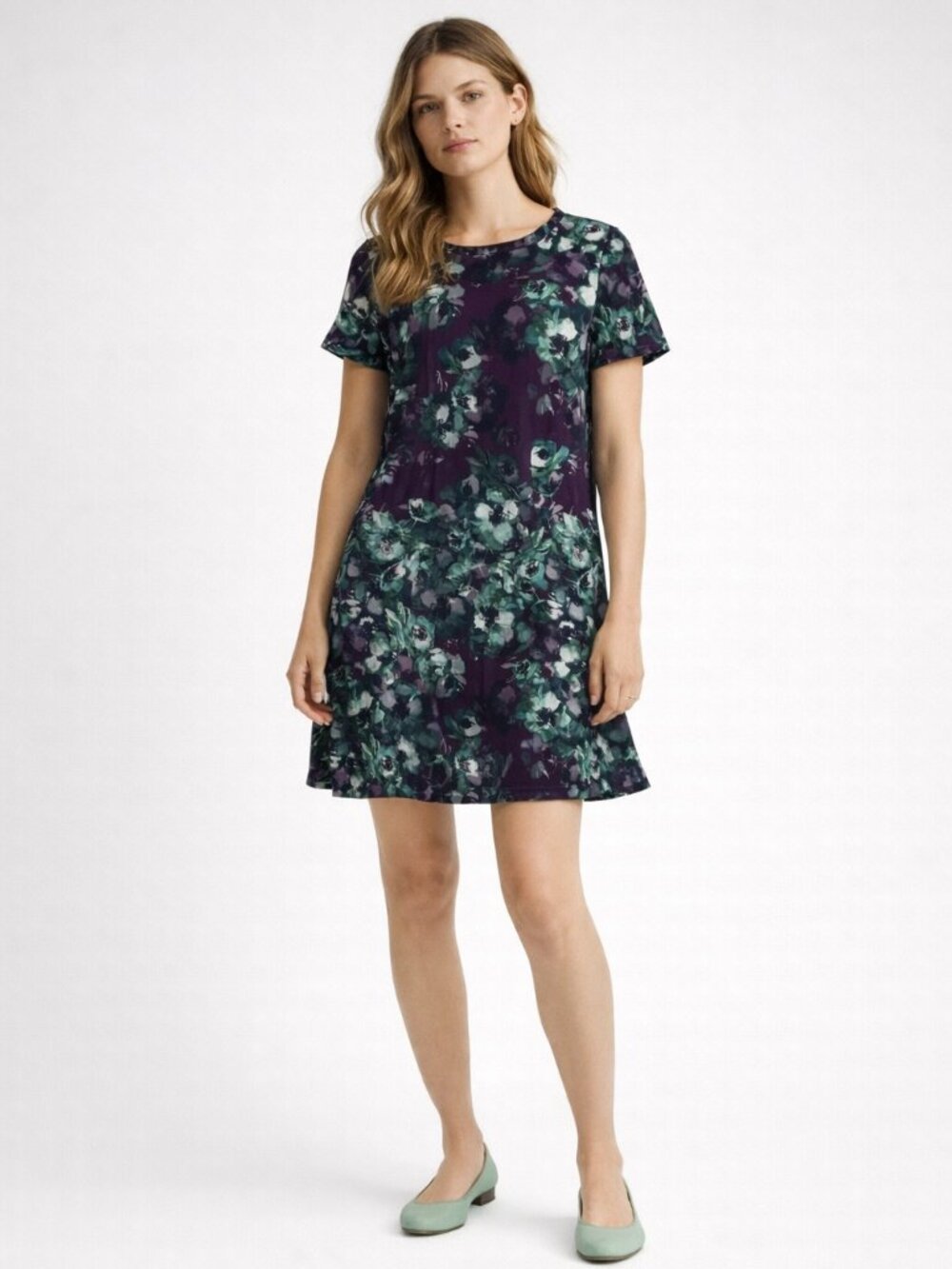 St. John purple green floral print silk dress size 8